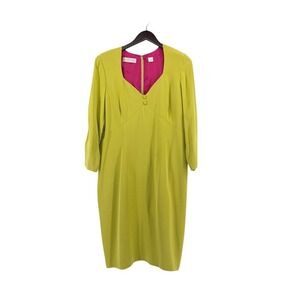 Dana Buchman 100% Silk Lime Green Chartreuse Midi Dress Pink‎ Lining Size 16